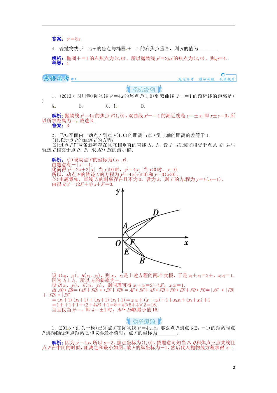 【金版学案】2015届高考数学总复习 基础知识名师讲义 第七章 第九节抛物线(一) 理_第2页