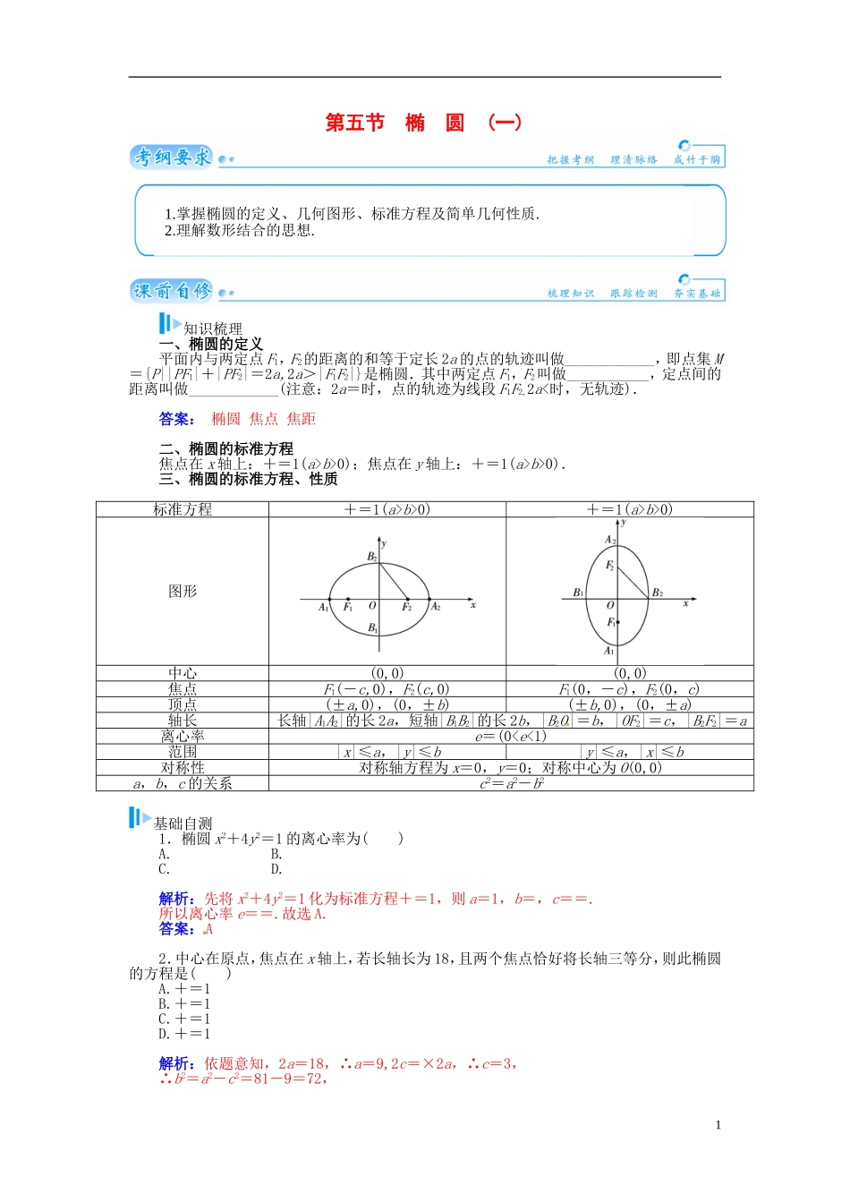 【金版学案】2015届高考数学总复习 基础知识名师讲义 第七章 第五节椭圆(一) 理_第1页