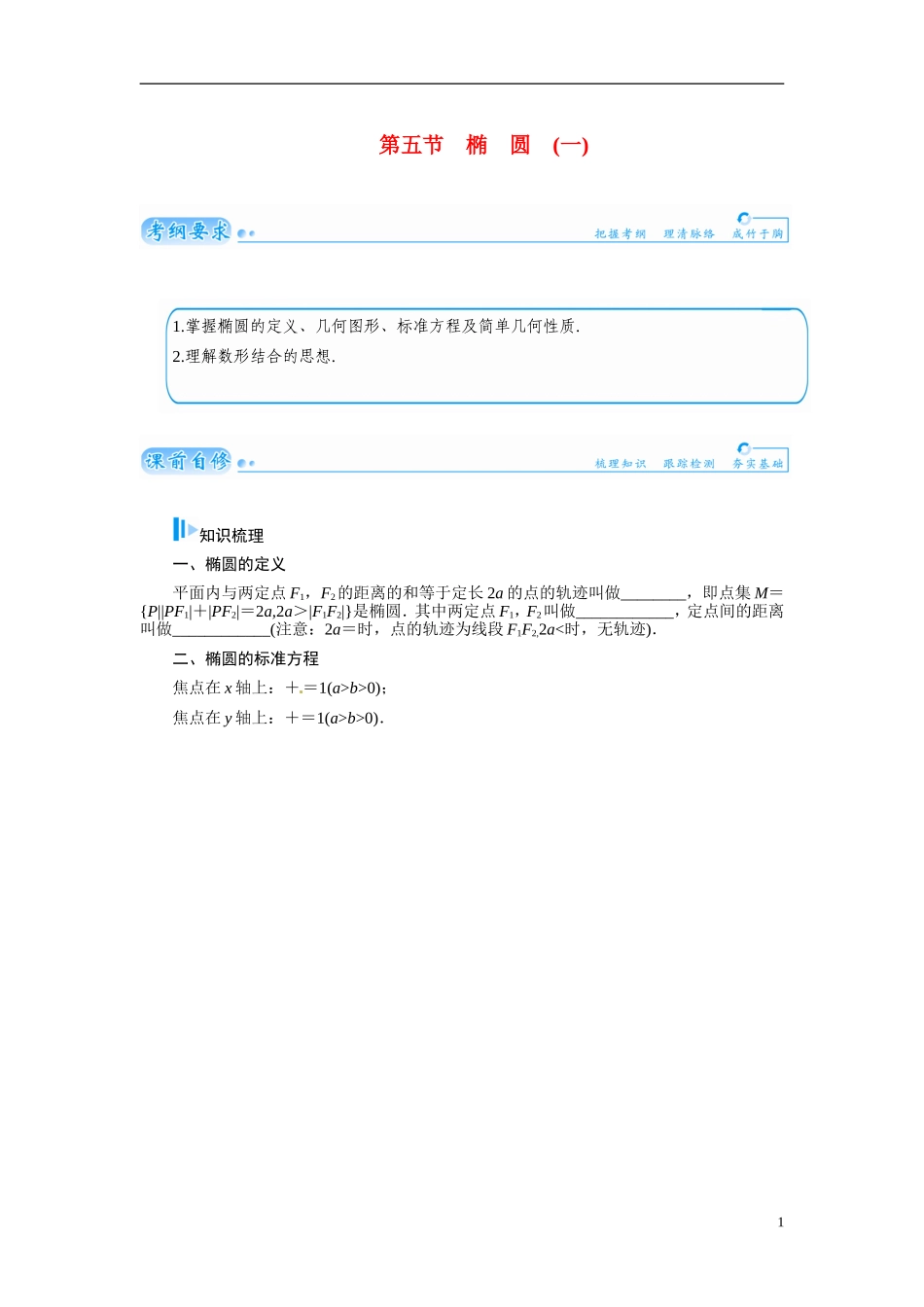 【金版学案】2015届高考数学总复习 基础知识名师讲义 第七章 第五节椭圆(一) 文_第1页