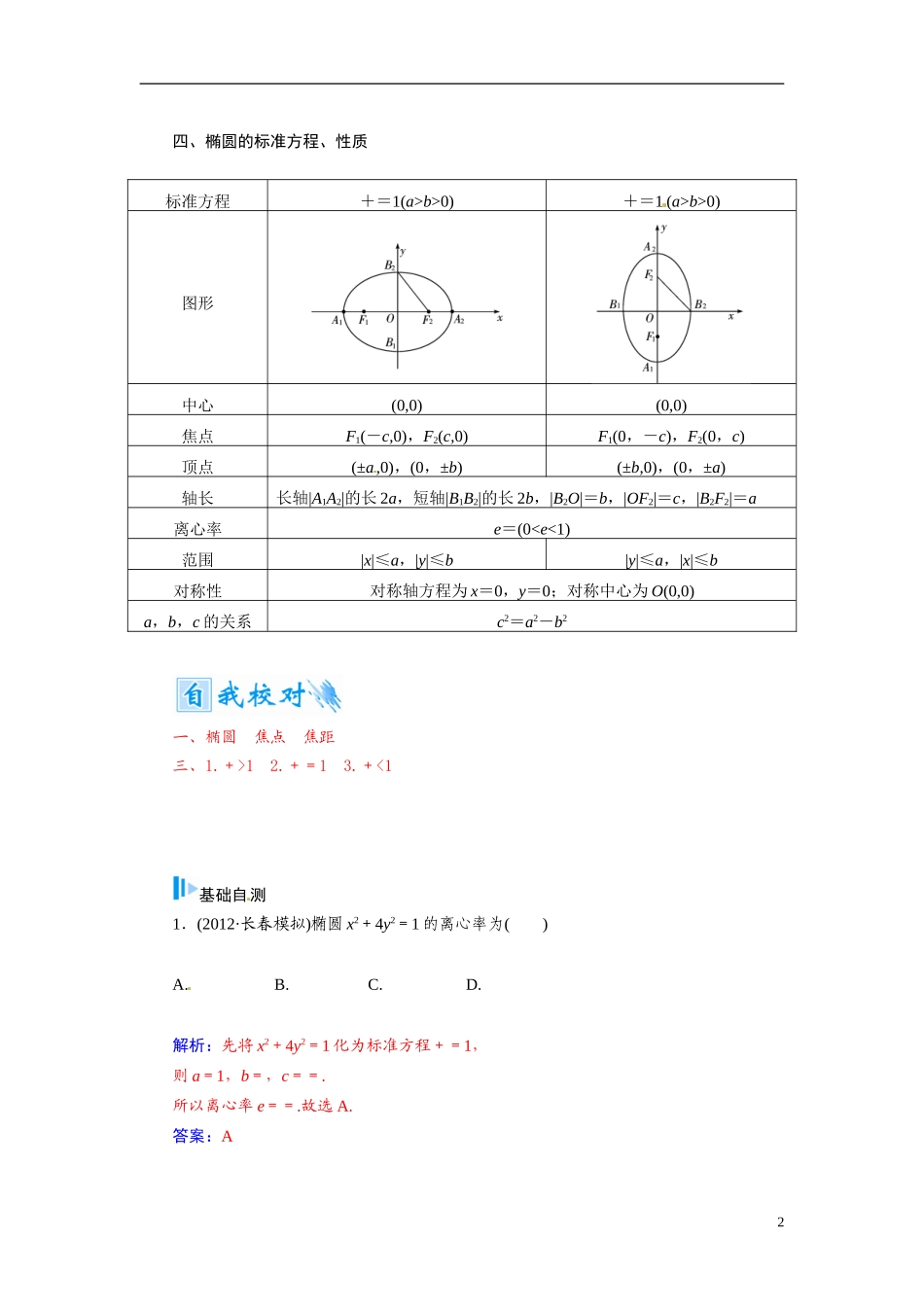 【金版学案】2015届高考数学总复习 基础知识名师讲义 第七章 第五节椭圆(一) 文_第2页