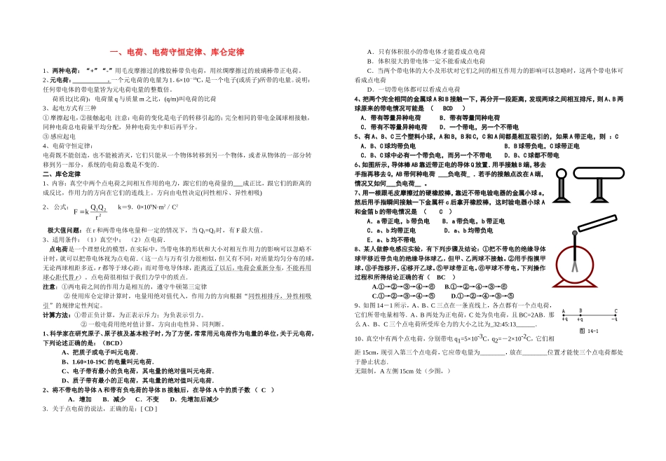 一、电荷、电荷守恒定律、库仑定律学_第1页