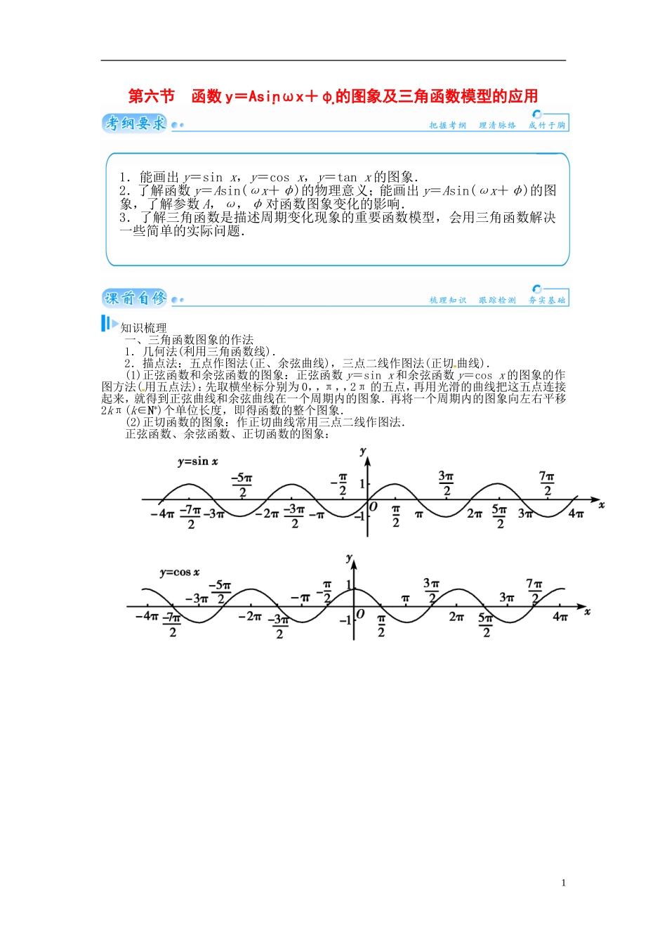 【金版学案】2015届高考数学总复习 基础知识名师讲义 第三章 第六节函数y＝Asin(ωx＋φ)的图象及三角函数模型的应用 理_第1页