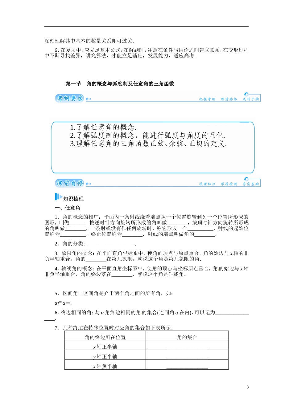 【金版学案】2015届高考数学总复习 基础知识名师讲义 第三章 第一节角的概念与弧度制及任意角的三角函数 文_第3页