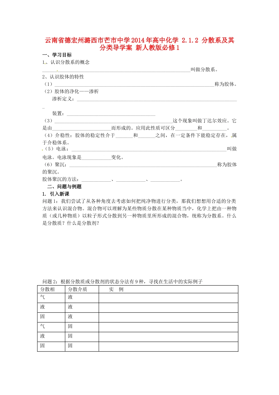 云南省德宏州潞西市芒市中学2014年高中化学 2.1.2 分散系及其分类导学案 新人教版必修1_第1页