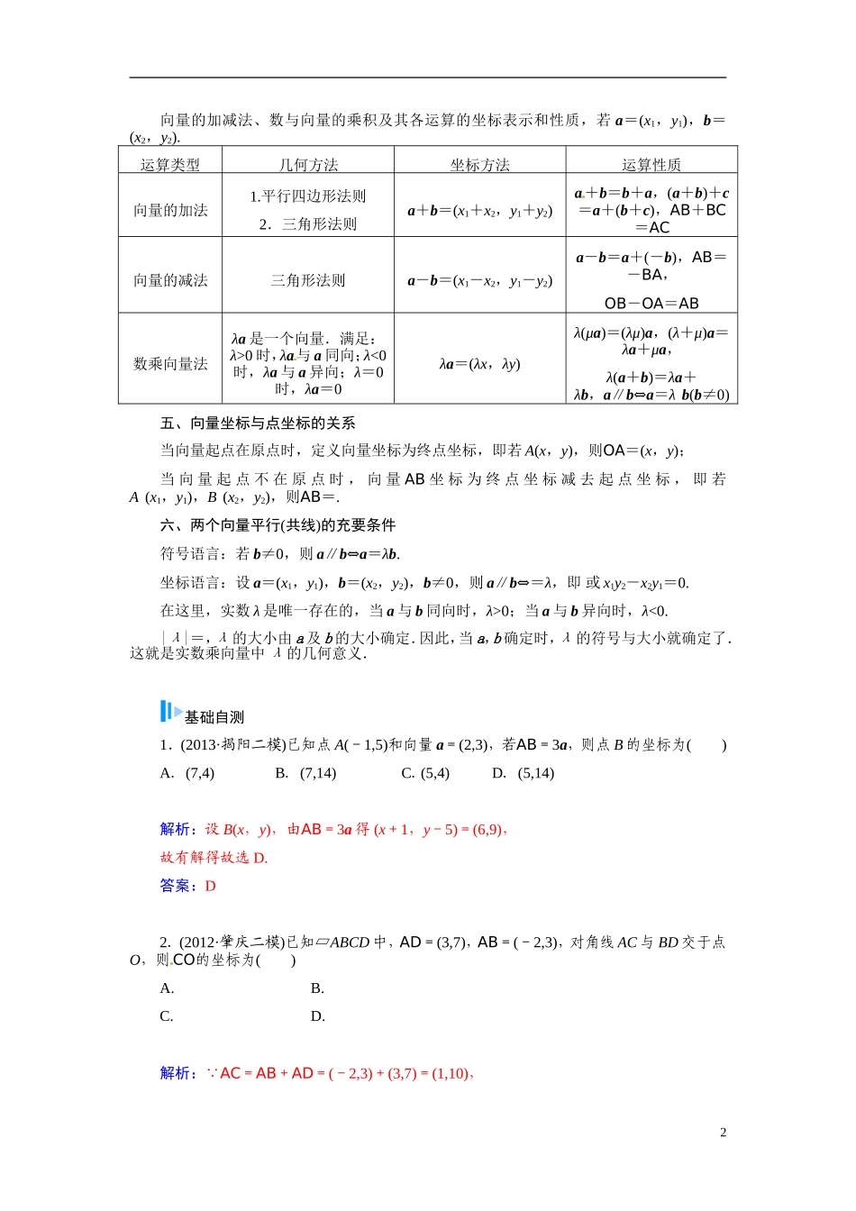 【金版学案】2015届高考数学总复习 基础知识名师讲义 第四章 第二节平面向量的分解及向量的坐标表示 文_第2页