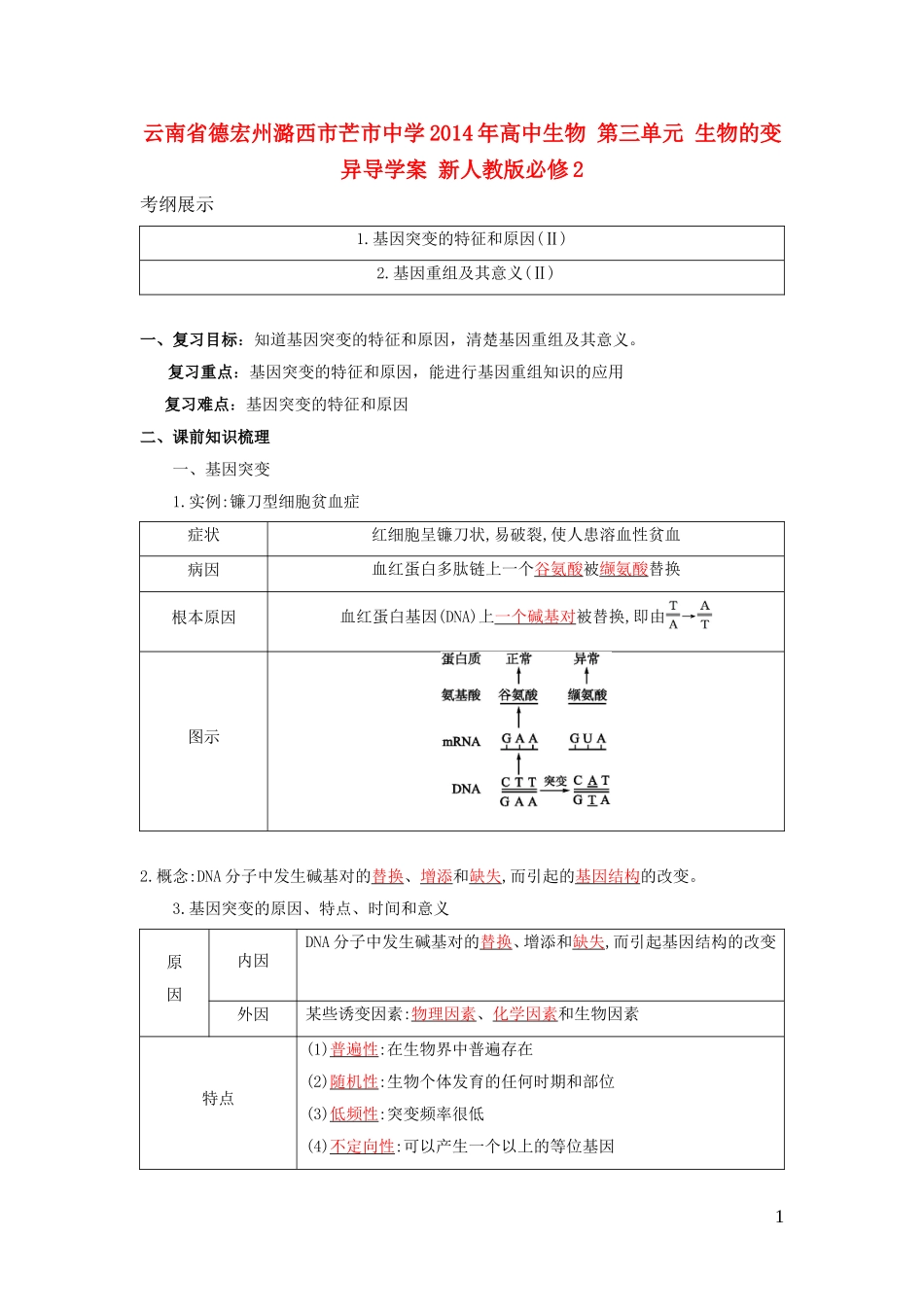 云南省德宏州潞西市芒市中学2014年高中生物 第三单元 生物的变异导学案 新人教版必修2_第1页