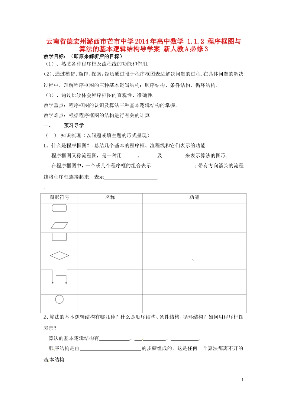 云南省德宏州潞西市芒市中学2014年高中数学 1.1.2 程序框图与算法的基本逻辑结构导学案 新人教A必修3_第1页