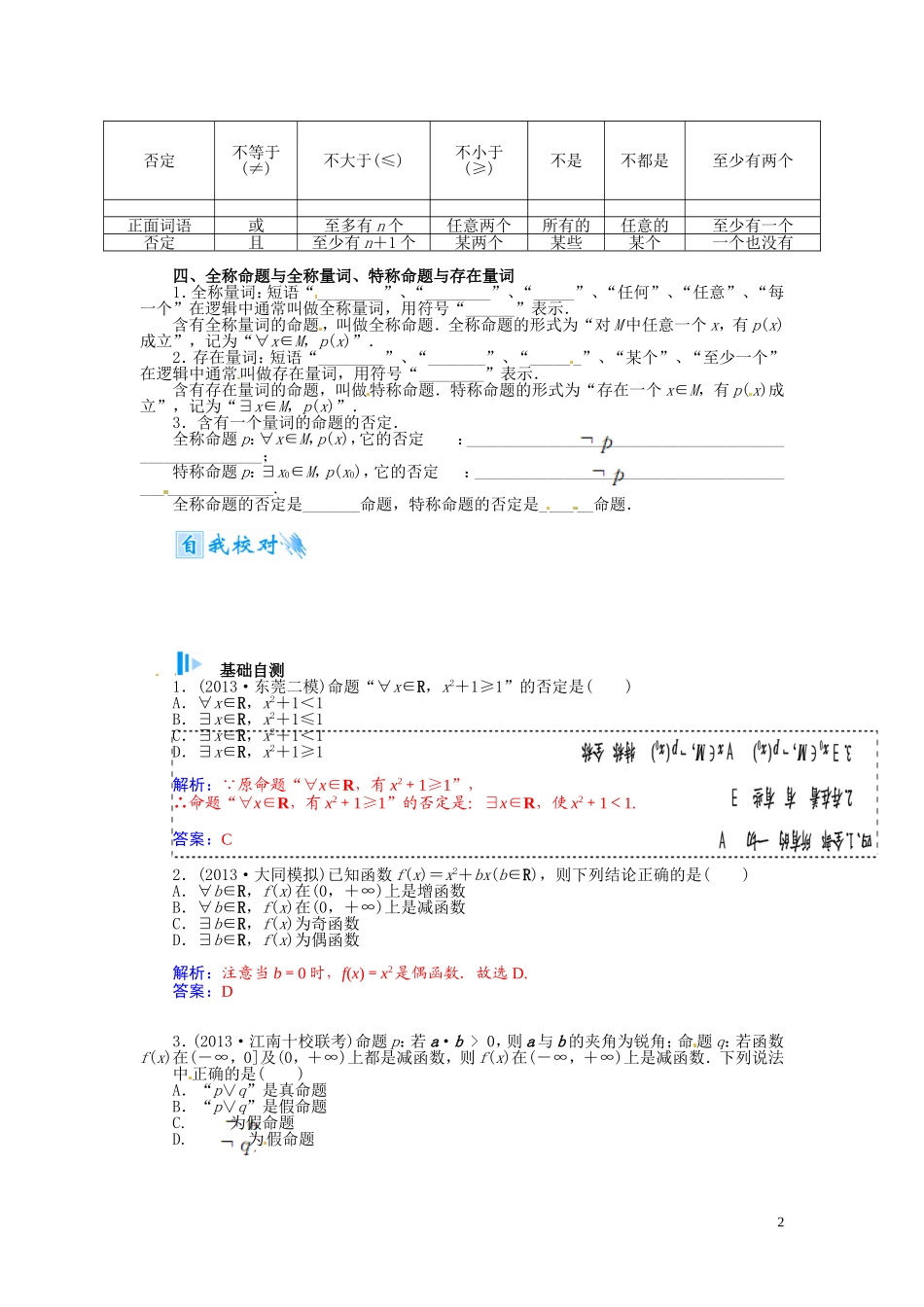 【金版学案】2015届高考数学总复习 基础知识名师讲义 第一章 第三节简单的逻辑联结词、全称量词与存在量词 理_第2页