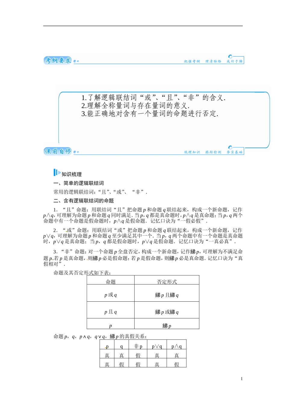 【金版学案】2015届高考数学总复习 基础知识名师讲义 第一章 第三节简单的逻辑联结词、全称量词与存在量词 文_第1页