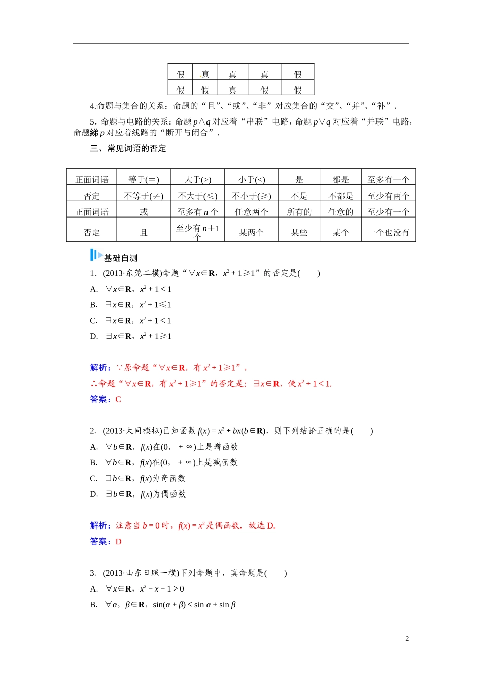 【金版学案】2015届高考数学总复习 基础知识名师讲义 第一章 第三节简单的逻辑联结词、全称量词与存在量词 文_第2页