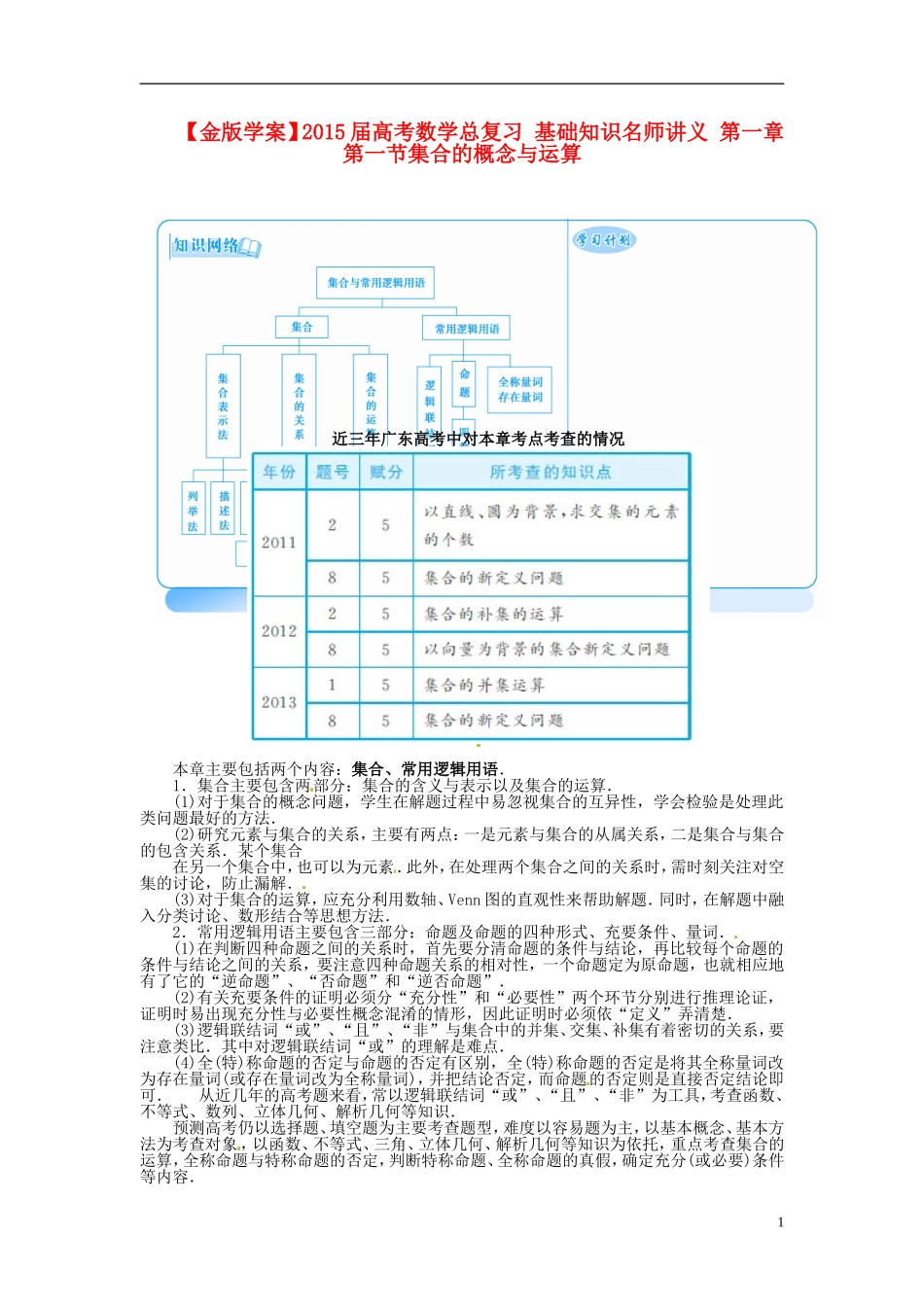 【金版学案】2015届高考数学总复习 基础知识名师讲义 第一章 第一节集合的概念与运算 理_第1页