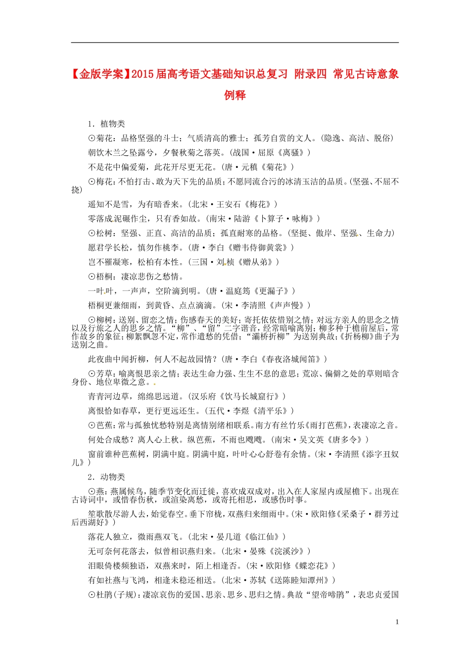 【金版学案】2015届高考语文基础知识总复习 附录四 常见古诗意象例释_第1页