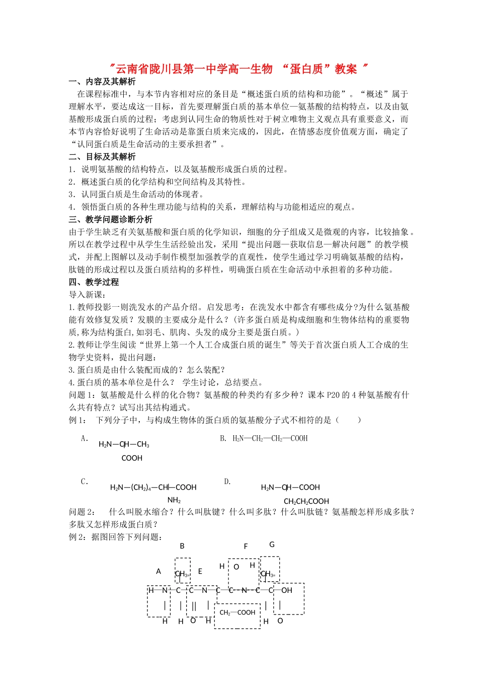 云南省陇川县第一中学高一生物 “蛋白质”教案 _第1页