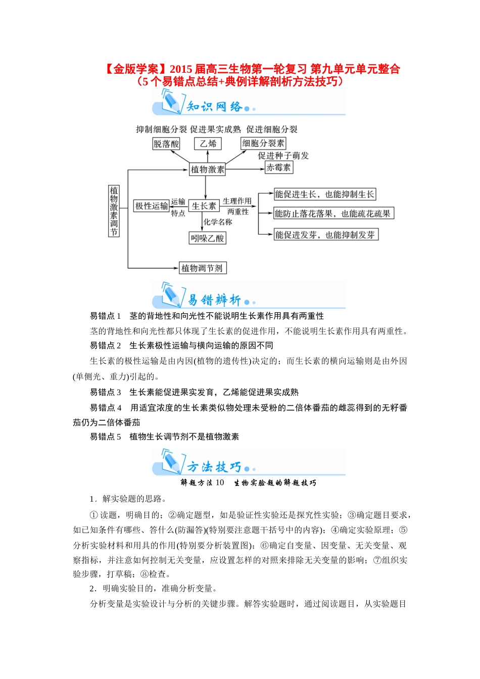 【金版学案】2015届高三生物第一轮复习 第九单元单元整合（5个易错点总结+典例详解剖析方法技巧）_第1页