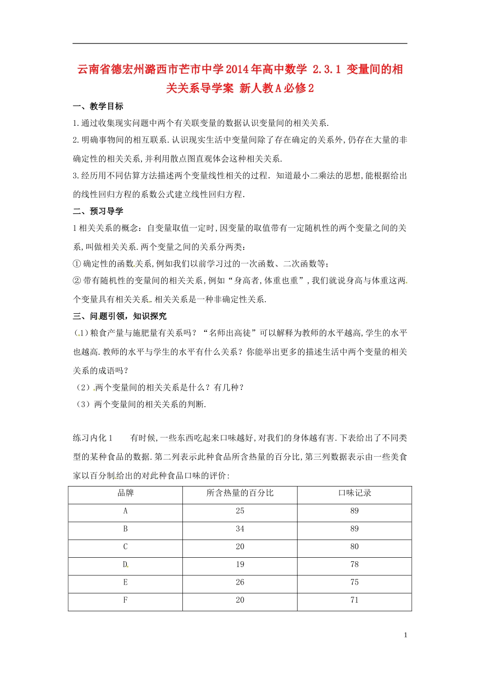 云南省德宏州潞西市芒市中学2014年高中数学 2.3.1 变量间的相关关系导学案 新人教A必修2_第1页