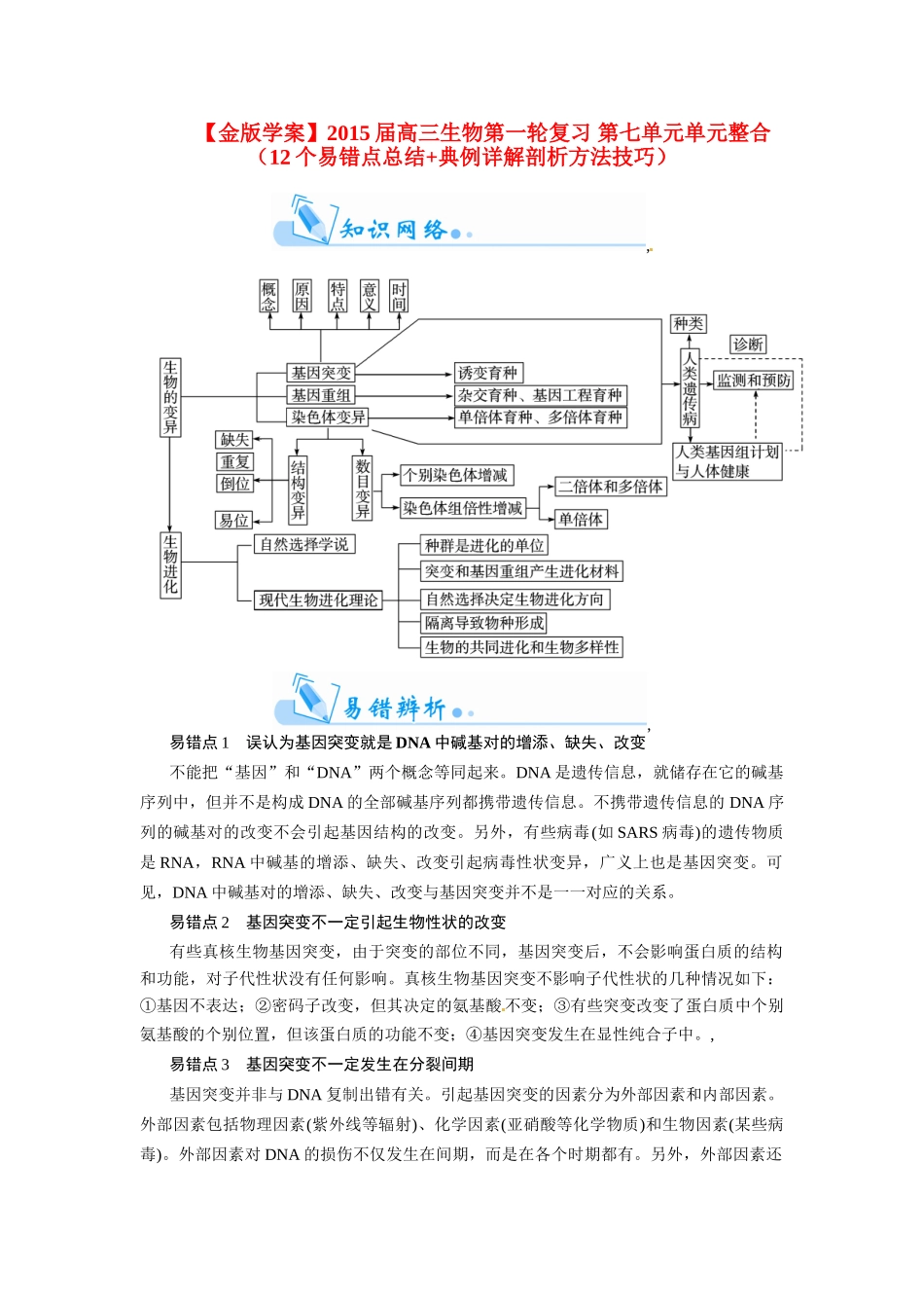 【金版学案】2015届高三生物第一轮复习 第七单元单元整合（12个易错点总结+典例详解剖析方法技巧）_第1页