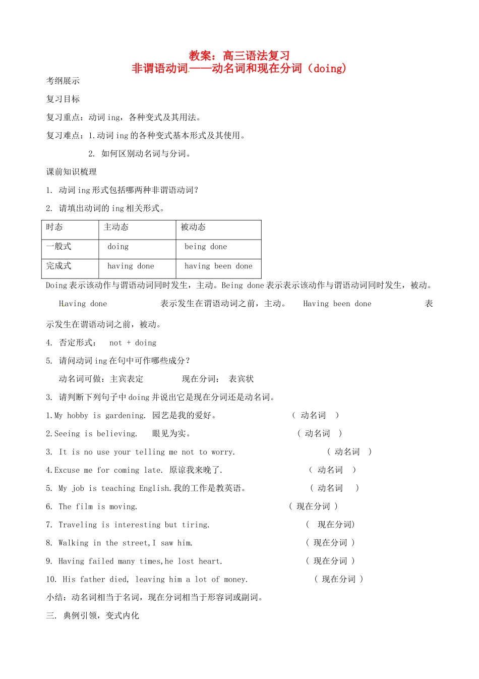 云南省德宏州潞西市芒市中学2014高考英语一轮复习 非谓语动词—动名词和现在分词（doing)教案_第1页
