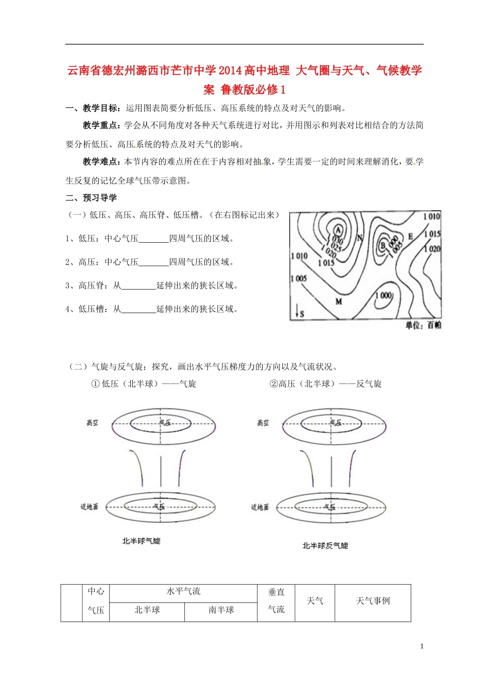 云南省德宏州潞西市芒市中学2014高中地理 大气圈与天气、气候教学案 鲁教版必修1_第1页