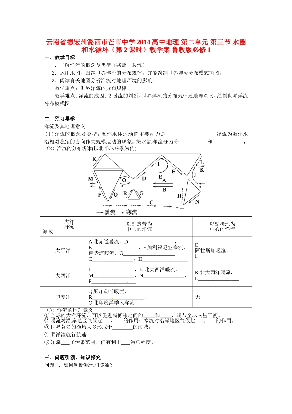 云南省德宏州潞西市芒市中学2014高中地理 第二单元 第三节 水圈和水循环（第2课时）教学案 鲁教版必修1_第1页