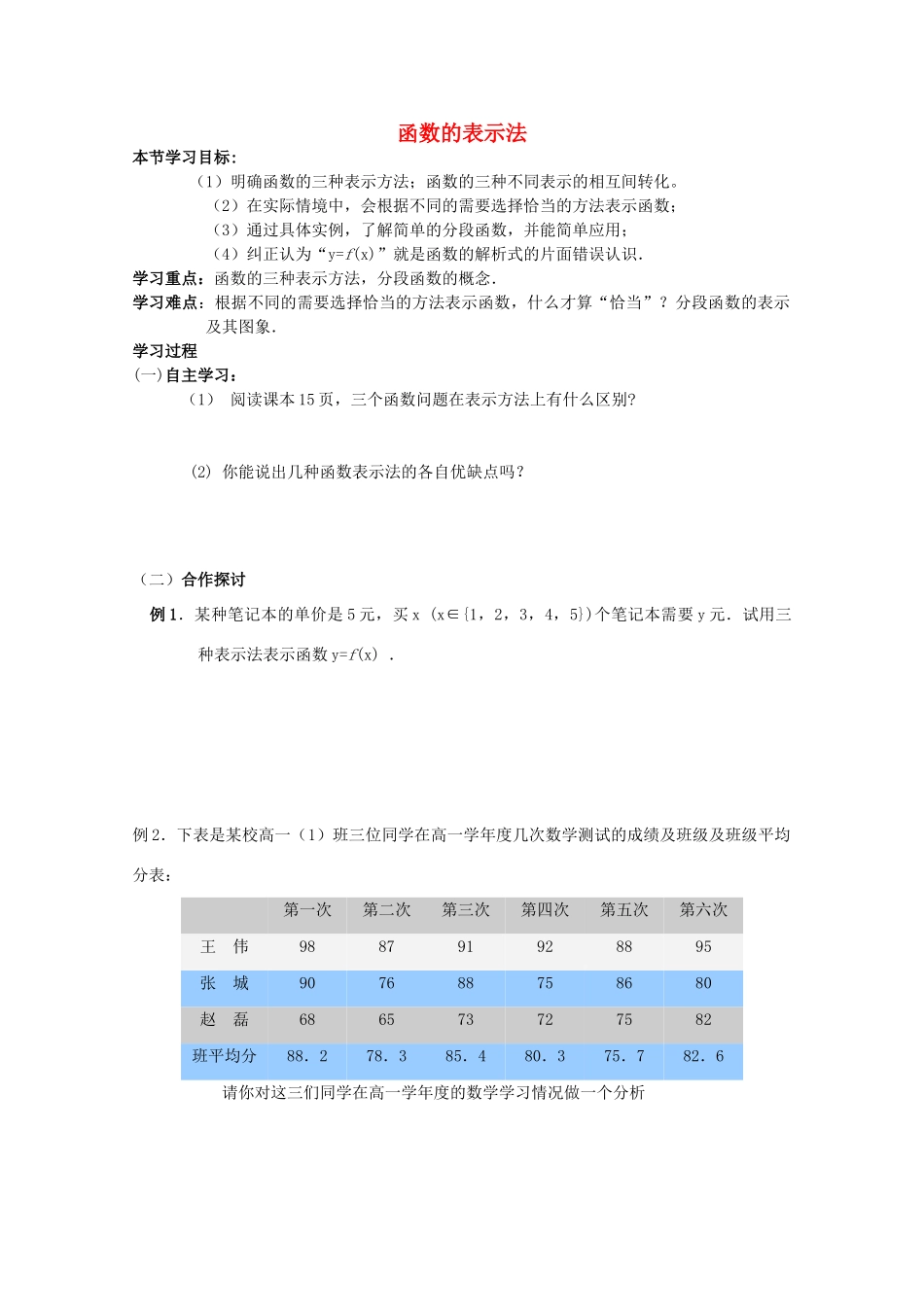 云南省师范大学五华区实验中学高中数学 函数的表示法导学案 新人教A版必修1_第1页