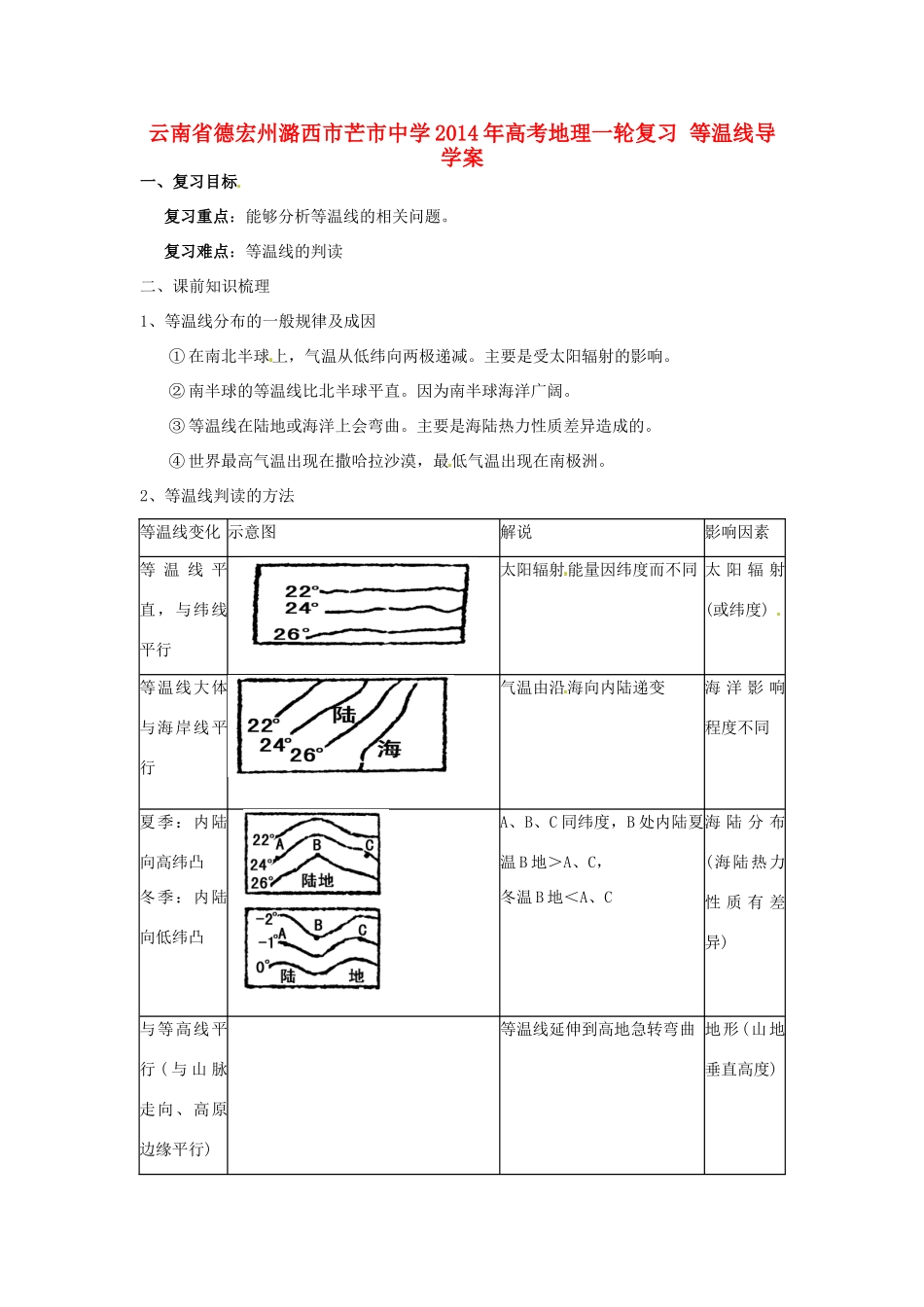 云南省德宏州潞西市芒市中学2014年高考地理一轮复习 等温线导学案 _第1页