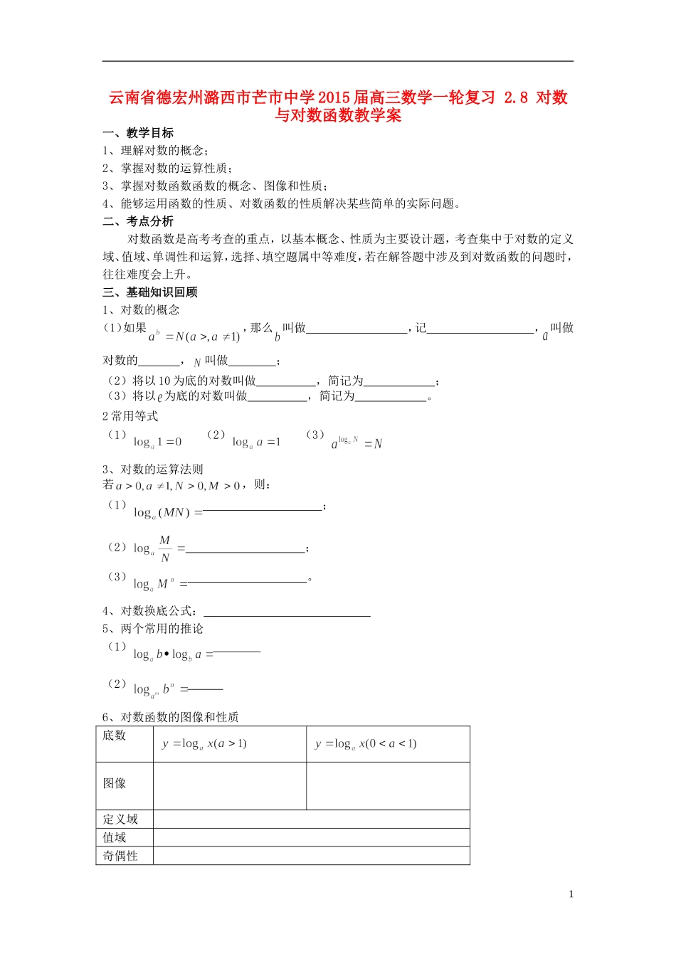 云南省德宏州潞西市芒市中学2015届高三数学一轮复习 2.8 对数与对数函数教学案_第1页