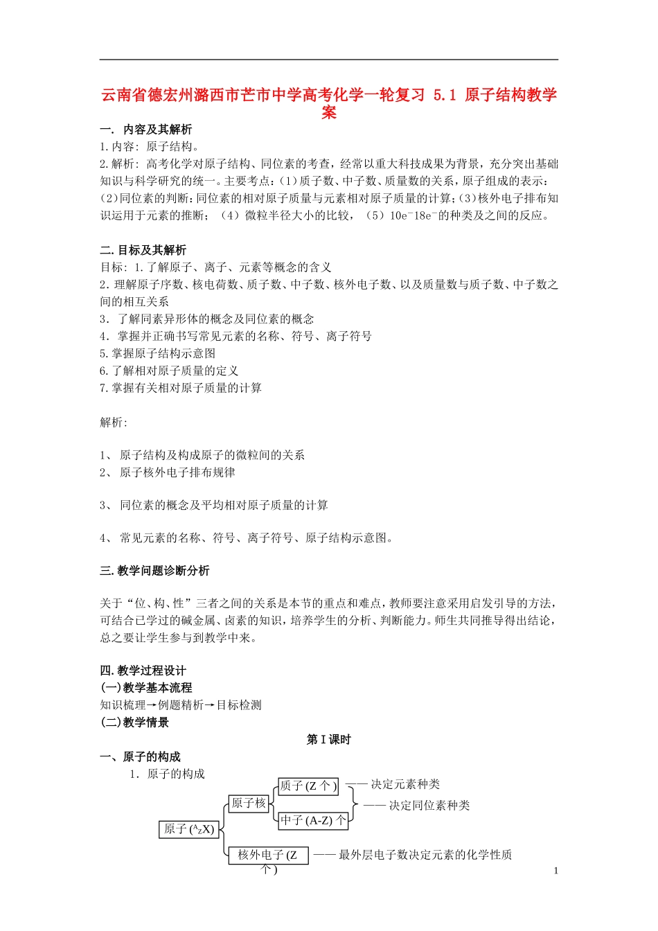 云南省德宏州潞西市芒市中学高考化学一轮复习 5.1 原子结构教学案_第1页