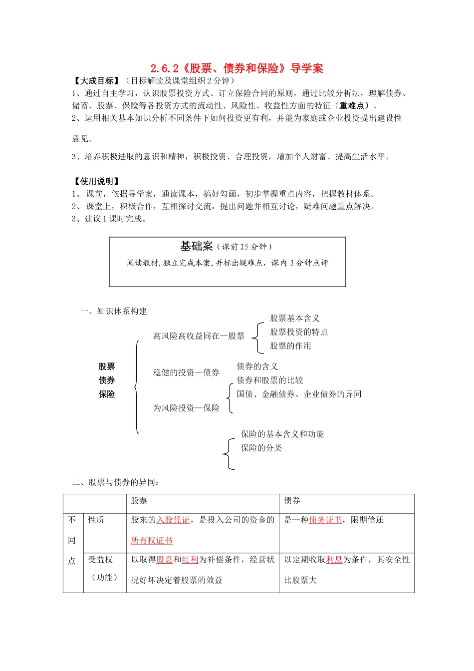 云南省宜良县第一中学高中政治 2.6.2《股票、债券和保险》导学案 新人教版必修1_第1页