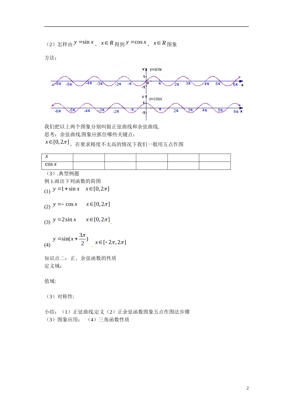 云南省曲靖市麒麟区第七中学高中数学 1-4正弦函数、余弦函数图像的性质学案 新人教A版必修4_第2页