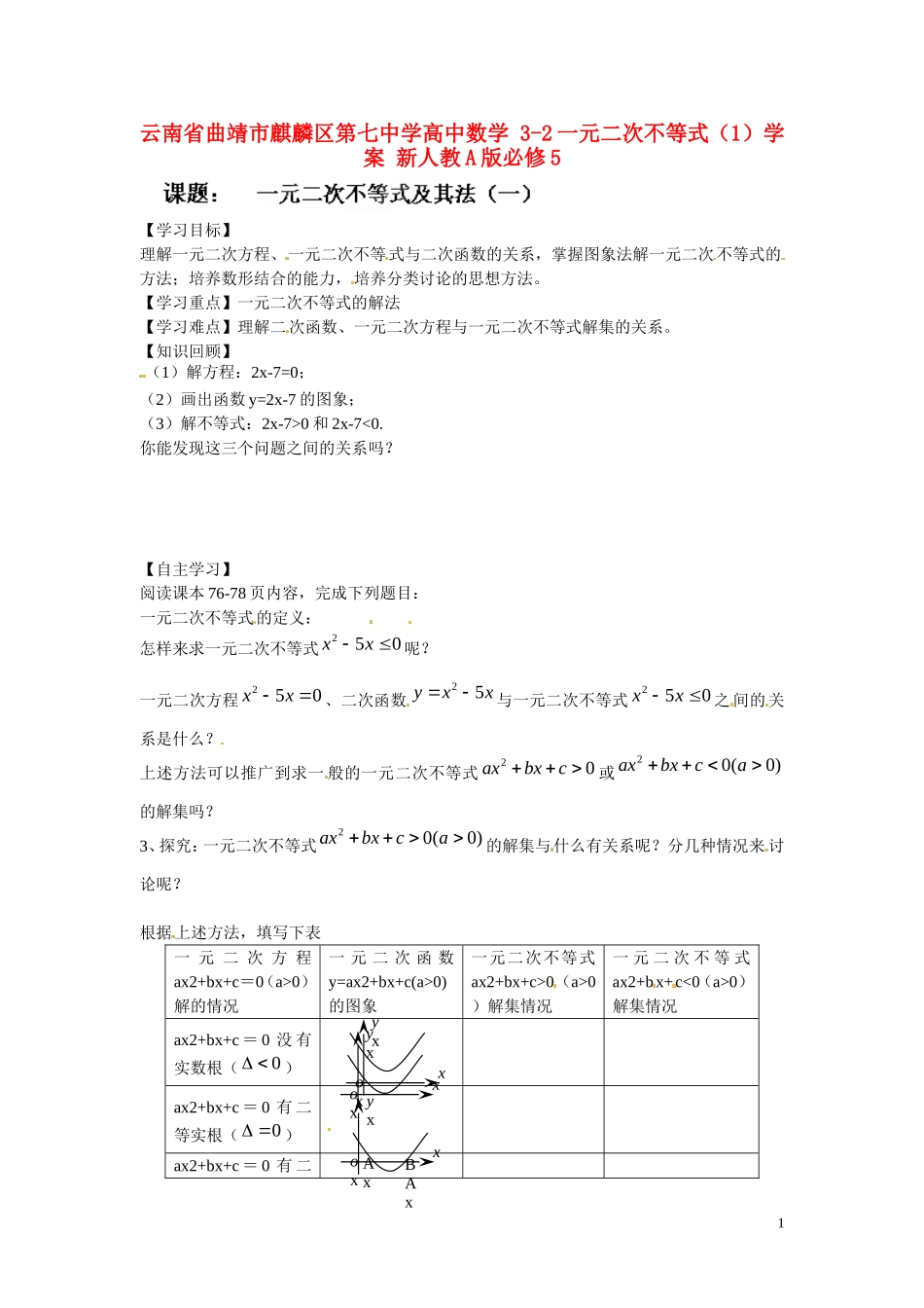 云南省曲靖市麒麟区第七中学高中数学 3-2一元二次不等式（1）学案 新人教A版必修5_第1页