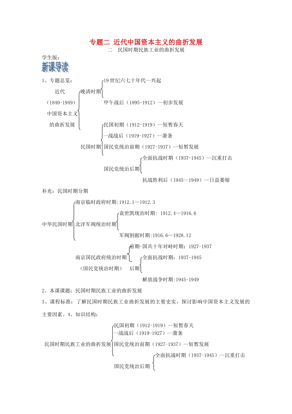 云南省曲靖市麒麟中学2013年高中历史 2-2《民国时期民族工业的曲折发展》学案 人民版必修2_第1页