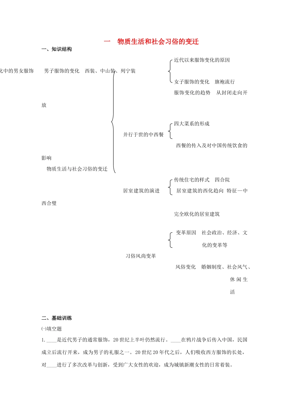 云南省曲靖市麒麟中学2013年高中历史 4-1《物质生活和社会习俗的变迁》学案 人民版必修2_第1页