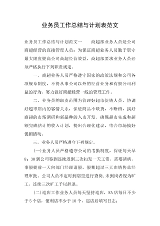 业务员工作总结与计划表范文