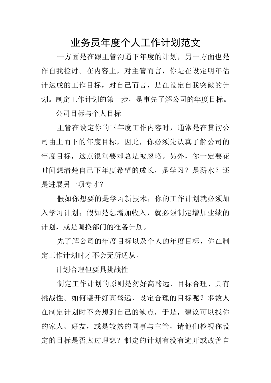 业务员年度个人工作计划范文_第1页