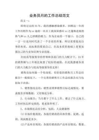 业务员月的工作总结范文