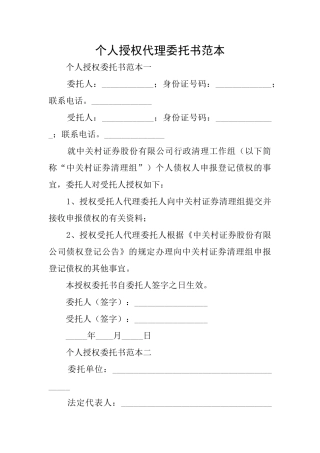 个人授权代理委托书范本