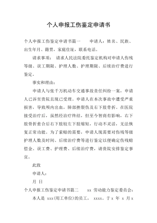 个人申报工伤鉴定申请书