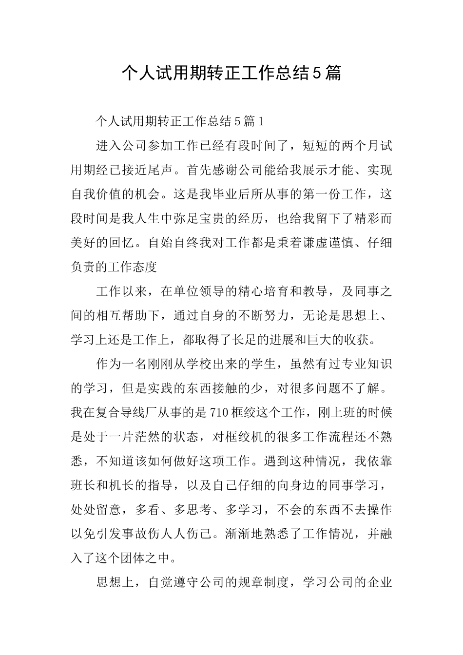 个人试用期转正工作总结5篇_第1页