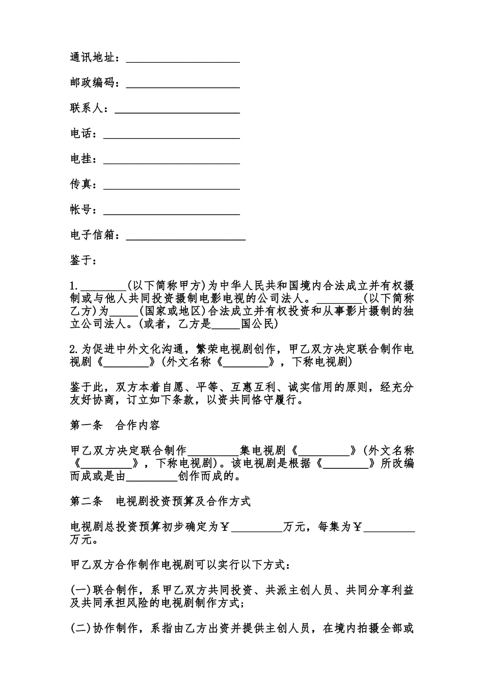 中外合作拍摄电视剧合作意向书样书范本_第2页