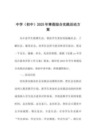 中学2025年寒假综合实践活动方案