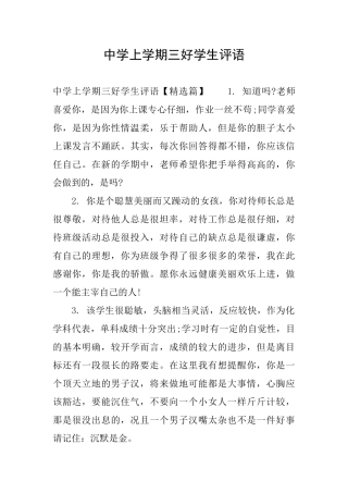 中学上学期三好学生评语