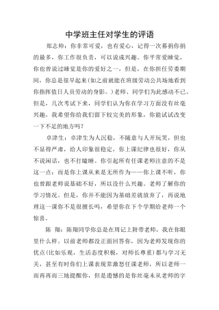 中学班主任对学生的评语