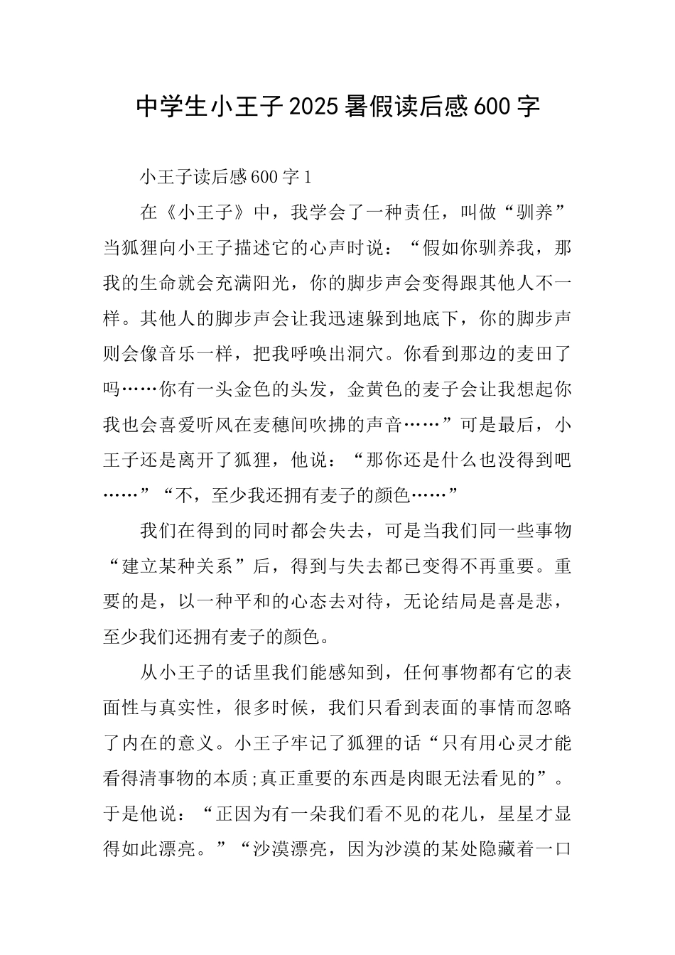 中学生小王子2025暑假读后感600字_第1页