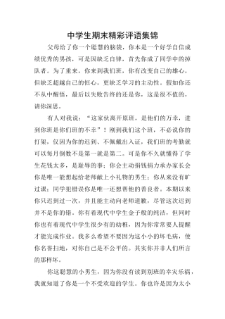 中学生期末精彩评语集锦