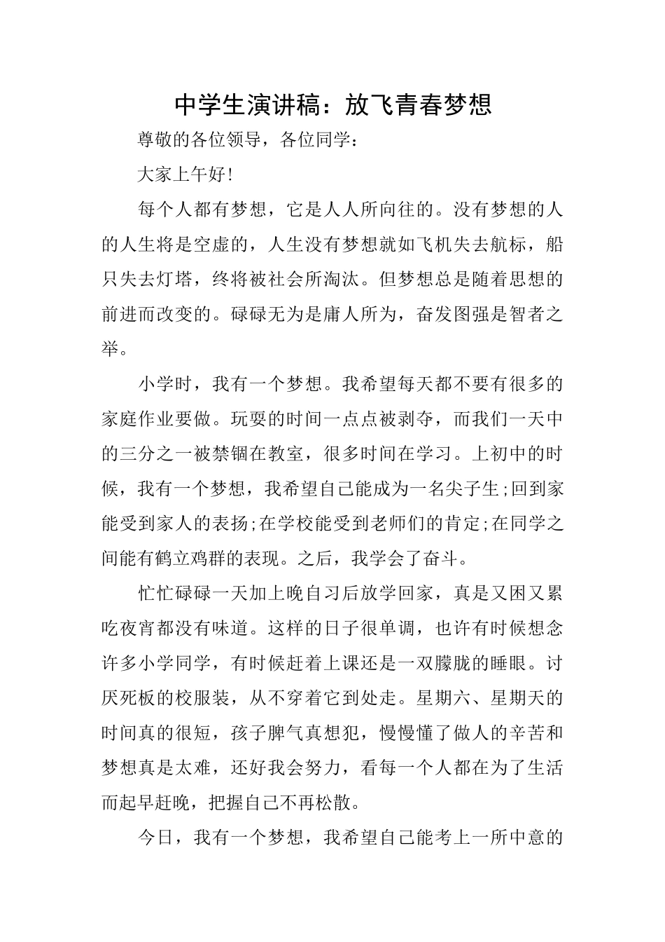 中学生演讲稿：放飞青春梦想_第1页
