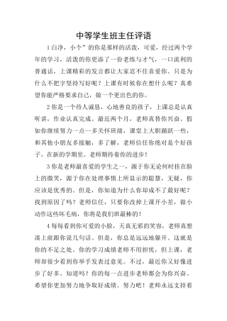 中等学生班主任评语
