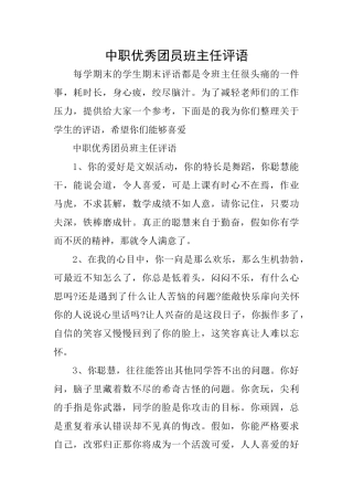 中职优秀团员班主任评语