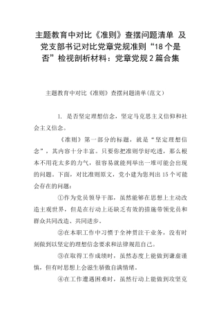 主题教育中对照《准则》查摆问题清单及党支部书记对照党章党规准则“18个是否”检视剖析材料：党章党规2