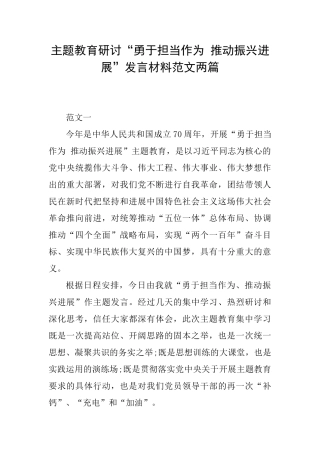 主题教育研讨“勇于担当作为推动振兴发展”发言材料范文两篇