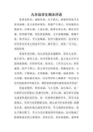 九年级学生期末评语